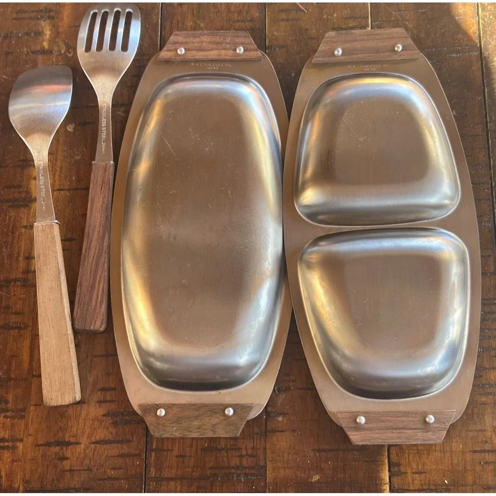 MID CENTURY MODERN‎ Vintage Stainless Steel & Wood Trays JAPAN & Utensils Relish